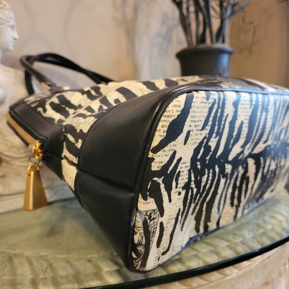 L.A.M.B. by Gwen Stefani Kingston Newspaper Print Zebra Print Bowler Bag #118 - Picture 11 of 15